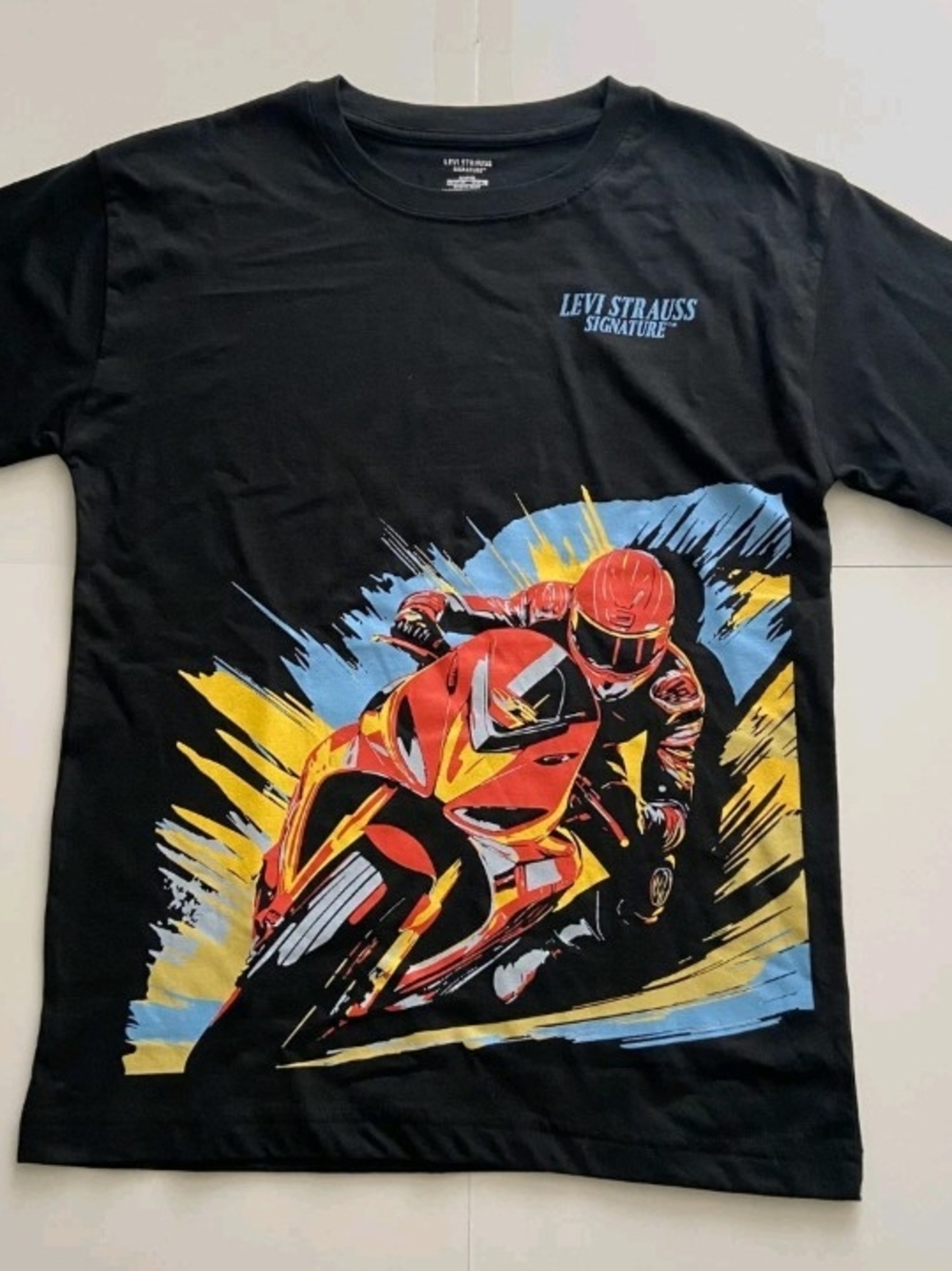 Levi's Black Tee with Red & Yellow Motorcycle Graphic